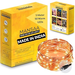 mansaa lights for decoration  5 meter 50 leds  fairy lights for room decoration led lights for home decoration light string lights usb operated yellow pack of 1