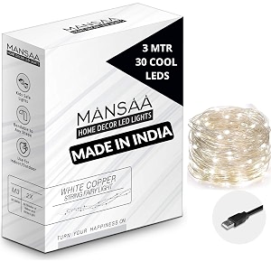 mansaa fairy lights  18 months warranty  3 meter 30 leds  lights for home decoration led lights string lights for home decoration string light usb operated - m51 white pack of 1