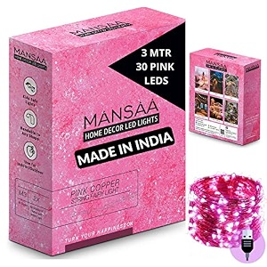 mansaa lights for home decoration  18 months warranty  3 meter 30 leds  fairy lights diwali light led lights string lights for home decoration usb operated - m51 pink pack of 1