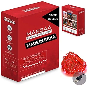 mansaa lights for home decoration  18 months warranty  3 meter 30 leds  fairy lights diwali light led lights string lights for home decoration usb operated - m51 red pack of 1