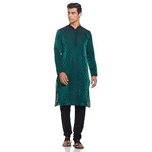 Manyavar Mens Jacquard Hand Embroidered Kurta Churidar