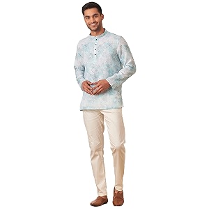 Manyavar Mens Floral Printed Casual Short Kurta