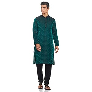 Manyavar Mens Jacquard Hand Embroidered Kurta Churidar