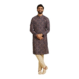 Manyavar Mens Viscose Blend Floral Print Kurta