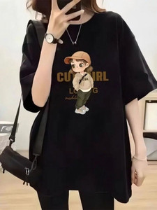 MapelFashion Cartoon Women Round Neck Black T-Shirt