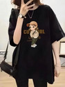 MapelFashion Cartoon Women Round Neck Black T-Shirt