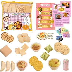maratha samrat thali 23-piece maharashtrian kitchen play food set  traditional fabric kitchen toy with puranpoli misal pav sabudana vada amp more  kids role play cooking set