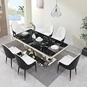 Marble Dining Table Set for 6, 79" Modern Kitchen Table with Double-Circle Shaped Stainless Steel Base, Luxury Black Dining Set with 6 Black-White Dining Chairs for Home, Kitchen