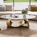 Marble Grain Coffee Table with Gold Stainless Steel Pedestal,Rectangular Coffee Tables,Oval Living Room Table with Faux Marble Top &amp; Luxury Legs,Sintered Stone Cocktail Center Table,49.2 inch