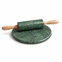 Marble Rolling Pin and Round Board Set with Wooden Handles, Chakla Belan for Roti and Dough for Kitchen (Green, 9 Inch Board and 14 Inch Rolling Pin)