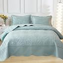MarCielo 100% Cotton Quilt Set - 3-Piece Embroidered Farmhouse Bedspread &amp; Shams, All-Season Breathable Bedding(Aruba Blue,King)