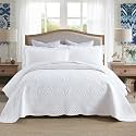 MarCielo 100% Cotton Quilt Set - 3-Piece Embroidered Farmhouse Bedspread &amp; Shams, All-Season Breathable Bedding (Tf Bright White,Queen)