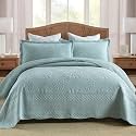 MarCielo 100% Cotton Quilt Set - 3-Piece Embroidered Farmhouse Bedspread &amp; Shams, All-Season Breathable Bedding (Tf Aruba Blue, Queen)