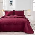 MarCielo 100% Cotton Quilt Set - 3-Piece Embroidered Farmhouse Bedspread &amp; Shams, All-Season Breathable Bedding(Wine Burgundy,King (106" x 98"))