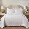 MarCielo 100% Cotton Quilt Set White Lightweight Bedspread with Scalloped Edge, Farmhouse Vintage Bedding, All Season Use(TC Off-White,Queen (98"x102"))