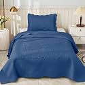 MarCielo 3-Piece 100% Cotton Oversized Bedspread Lightweight Quilt Coverlet Embroidery Farmhouse Bedding Set T0 (Midtone Blue, Twin (68"x86"))