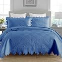 MarCielo 3-Piece 100% Cotton Oversized Bedspread Lightweight Quilt Coverlet Embroidery Farmhouse Bedding Set (Tk Midtone Blue, Oversized King (118"x106"))