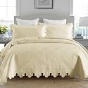 MarCielo 3-Piece 100% Cotton Oversized Bedspread Lightweight Quilt Coverlet Embroidery Farmhouse Bedding Set (Tk Beige Khaki, Oversized Queen (100"x106"))