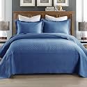 MarCielo 3-Piece 100% Cotton Oversized Bedspread Lightweight Quilt Coverlet Embroidery Farmhouse Bedding Set (TM Midtone Blue, Oversized King (118"x106"))