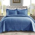 MarCielo 3-Piece 100% Cotton Oversized Bedspread Lightweight Quilt Coverlet Embroidery Farmhouse Bedding Set (TG Midtone Blue, Oversized King (118"x106"))