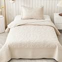 MarCielo 3-Piece 100% Cotton Oversized Bedspread Lightweight Quilt Coverlet Embroidery Farmhouse Bedding Set T0 (Yellowish Beige, Twin (68"x86"))