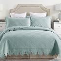 MarCielo 3-Piece 100% Cotton Oversized Bedspread Lightweight Quilt Coverlet Embroidery Farmhouse Bedding Set (Tk Aqua Green, Oversized King (118"x106"))
