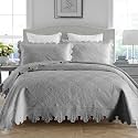 MarCielo 3-Piece 100% Cotton Oversized Bedspread Lightweight Quilt Coverlet Embroidery Farmhouse Bedding Set (Tk Light Grey, Oversized Queen (100"x106"))