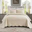 MarCielo 3-Piece 100% Cotton Oversized Bedspread Lightweight Quilt Coverlet Embroidery Farmhouse Bedding Set (Warm Ivory, Oversized King (118"x106"))