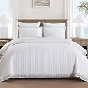 MarCielo 3-Piece 100% Cotton White Striped Quilt Set with Botanical Edge Embroidery TC(Sakura White,King(106" X 98"))