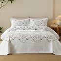 MarCielo 3pcs Cotton Quilt Set White Gray Floral