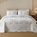 MarCielo 3pcs Cotton Quilt Set White Yellow Floral Embroidered