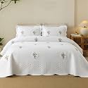 MarCielo 3pcs Cotton Quilt Set White Rose Bouquet Embroidered Bedspread