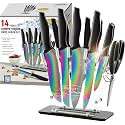 Marco Almond® Knife Block Set,14-Piece Rainbow Color Stainless Steel Knife Sets for Kitchen with block, KYA35 Chef Cooking Knives Set with Acrylic Stand