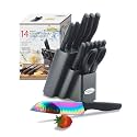 Marco Almond Knife Set w Block 14PC Rainbow Kitchen Knives Set