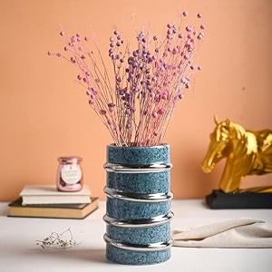 market99 blue ribbed vase golden edge  elegant decorative flower holder for home office cabinet restaurant amp reception  modern centrepiece planter for table decoration amp festive season styling
