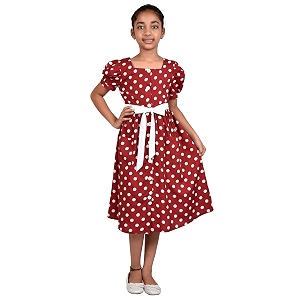 Maroon White Polka DOT Printed Girls Dress