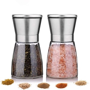 marve beautiful stainless steel salt amp pepper grinders refillable set - saltspice shakers with adjustable coarse mills - easy clean ceramic grinders with funnel mini pepper mill 2 pcs