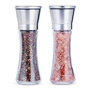 marve beautiful stainless steel salt amp pepper grinders refillable set - saltspice shakers with adjustable coarse mills - easy clean ceramic grinders with funnel big pepper mill 2 pc