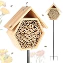 Mason Bee House for Garden,Natural Wooden Bee Hive with Metal Ground Stake
