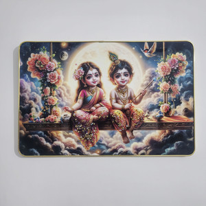 masstone baby radha krishna crystal embedded high gloss surface with golden slim frame embossed 12 inch x 18 inch painting