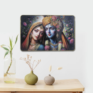 masstone radha krishna crystal embedded high gloss surface with golden slim frame embossed 12 inch x 18 inch painting
