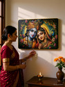 Masstone Radha Krishna Crystal Embedded High Gloss Surface with Golden Slim Frame Embossed 12 inch x 18 inch Painting