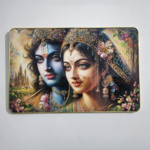 masstone radhe krishna crystal embedded high gloss surface with golden slim frame embossed 12 inch x 18 inch painting