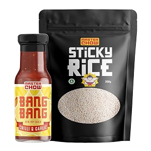masterchow chilli garlic fried rice kit  bang bang chilli garlic sauce 220g amp sticky rice 300g  100 vegetarian  ready to cook  no artificial additives  medium spicy  made with red chillies amp garlic
