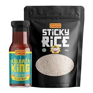 masterchow schezwan fried rice kit  kolkata king schezwan stir fry cooking sauce 220g amp sticky rice 300g  100 vegetarian  ready to cook  no artificial additives  medium spicy  made with sichuan pepper tomatoes garlic