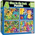 MasterPieces – Jigsaw Puzzle Set for Kids 6+ Years, 4-Pack of 100 Pieces, Educational and Fun Game, Blue Glow in The Dark Collection, Gift Idea for Children, 8" x 10
