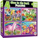 MasterPieces – Jigsaw Puzzle Set for Kids 6+ Years, 4-Pack of 100 Pieces, Educational and Fun Game, Purple Glow in the Dark Collection, Gift Idea for Children, 8" x 10