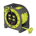 Masterplug 40ft Case Cord Reel, Retractable Extension Lead with Winding Handle, Safety Overload Circuit Breaker and Power Switch, 4X Grounded Outlets, 13amps, 14AWG Cable