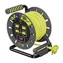 Masterplug 60ft Cord Reel, Retractable Extension Lead with Winding Handle, Safety Overload Circuit Breaker and Power Switch, 4X Grounded Outlets, 13amps, 14AWG Cable