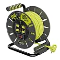 Masterplug 80ft Cord Reel, Retractable Extension Lead with Winding Handle, Safety Overload Circuit Breaker and Power Switch, 4X Grounded Outlets, 13amps, 14AWG Cable